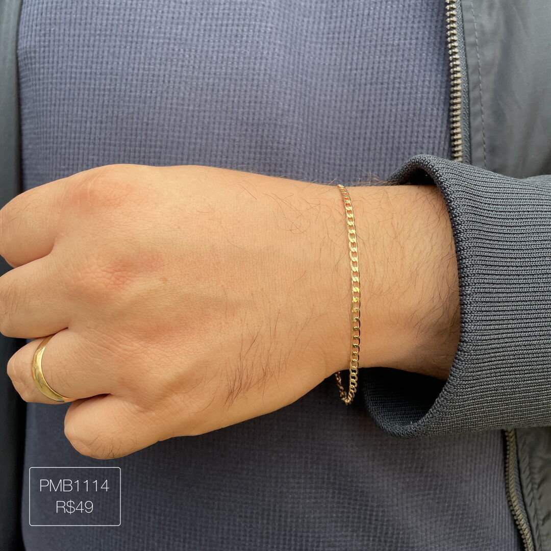 Pulseira Elo Grumet Alongada Fina Lisa Dourada